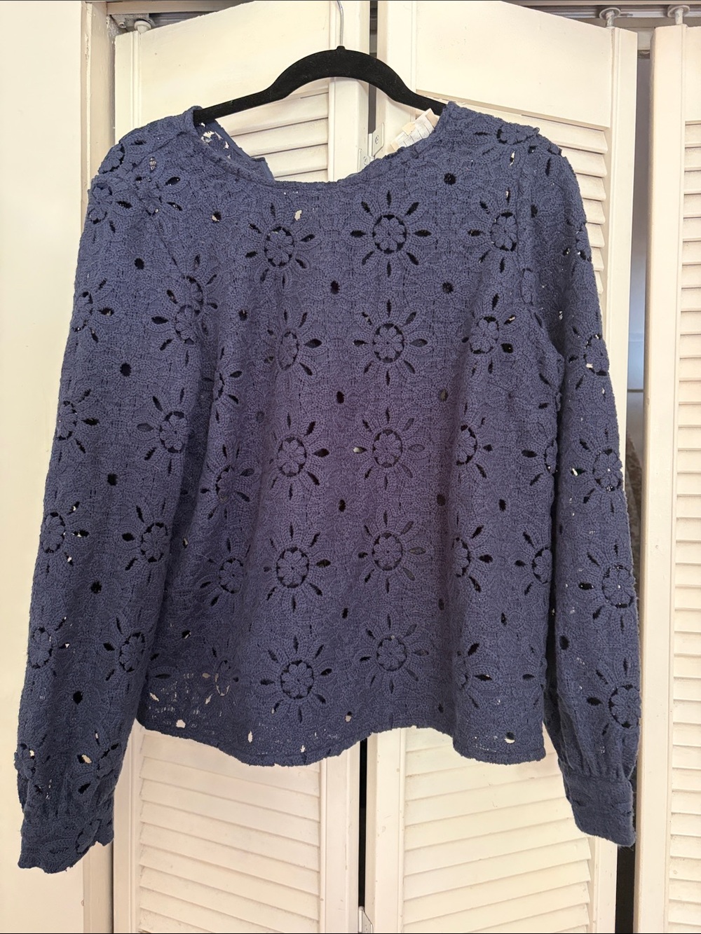 Sezane Indigo Blue Crochet Floral Long-Sleeve Top